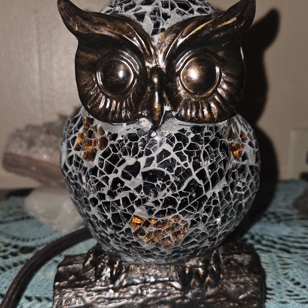 Mosaic Stained Glass Owl Night Light Table Lamp 6.5" Tiffany Style